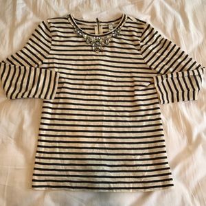 JCrew navy and Cream Stripe Top w Rhinestones